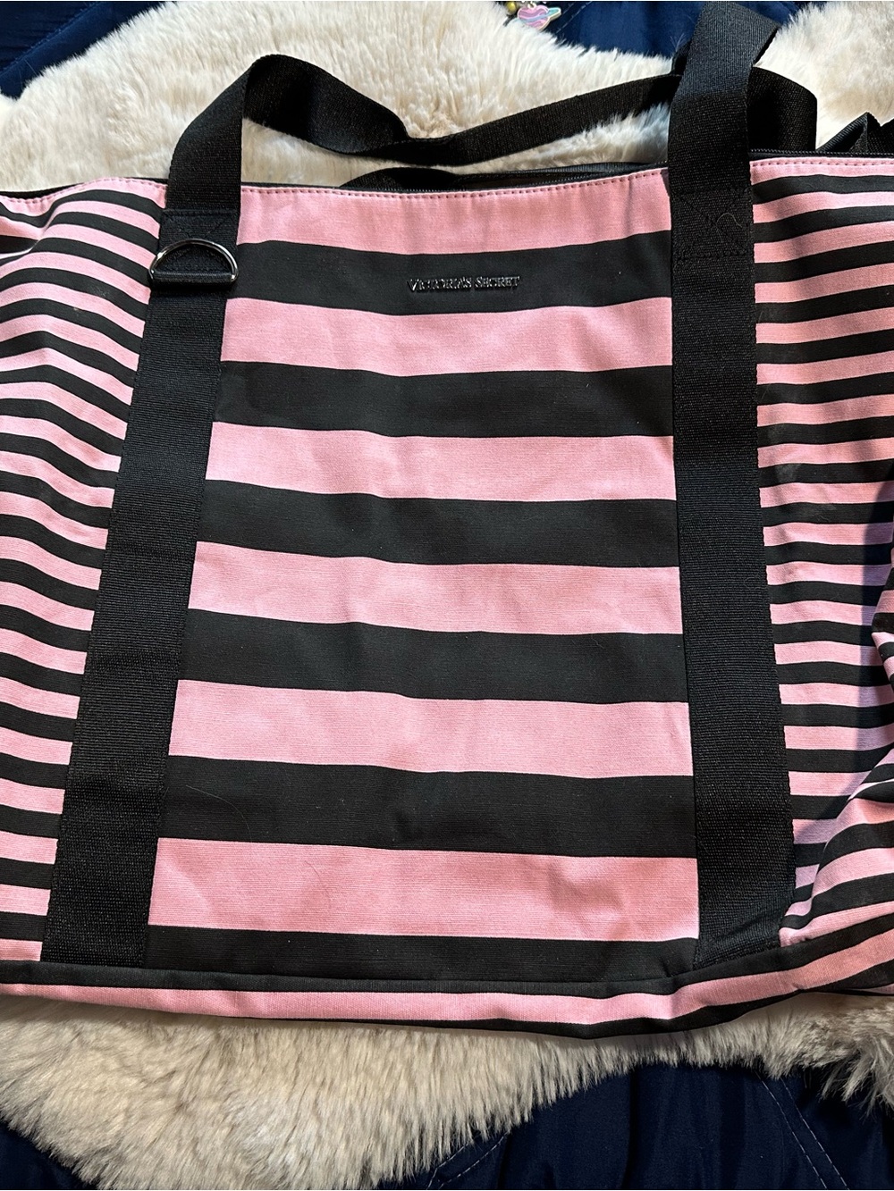 Victoria's Secret Pink and Black Striped Tote Bag Extra Large NWOT